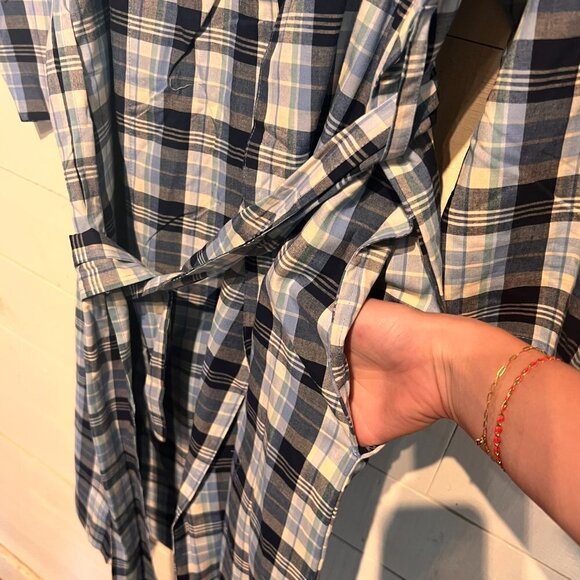 Nordstrom Print Shawl Collar Cotton Poplin Robe- Blue Plaid - Picture 3 of 6